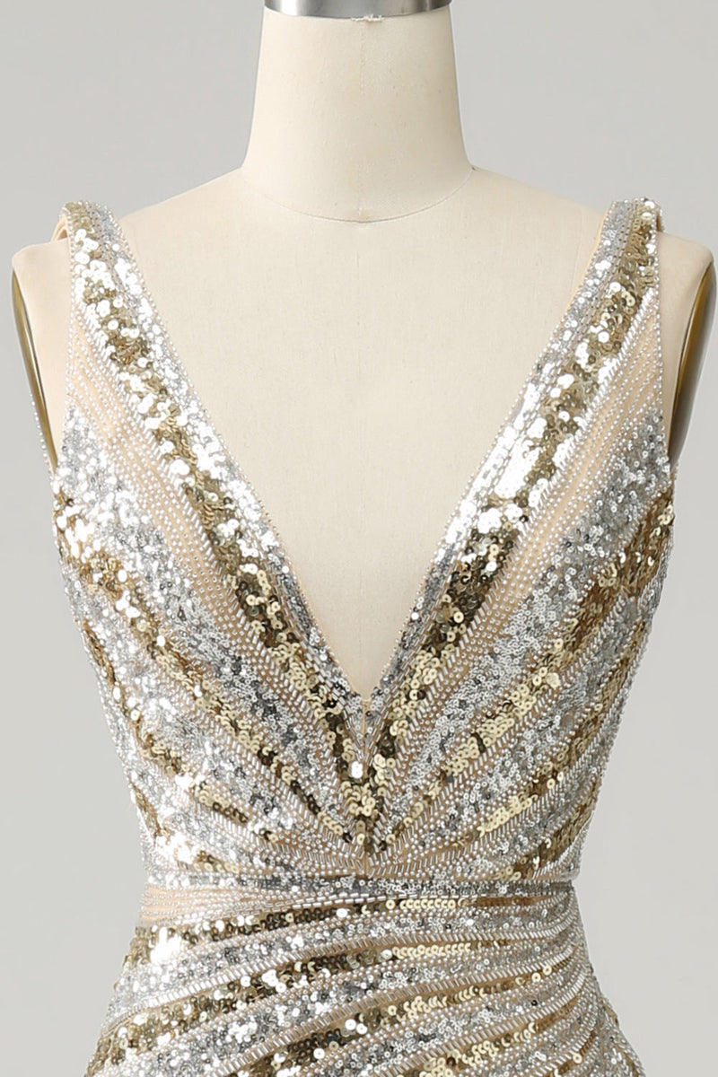 Load image into Gallery viewer, Sparkly Golden V-Neck Sequins Long Prom Dress