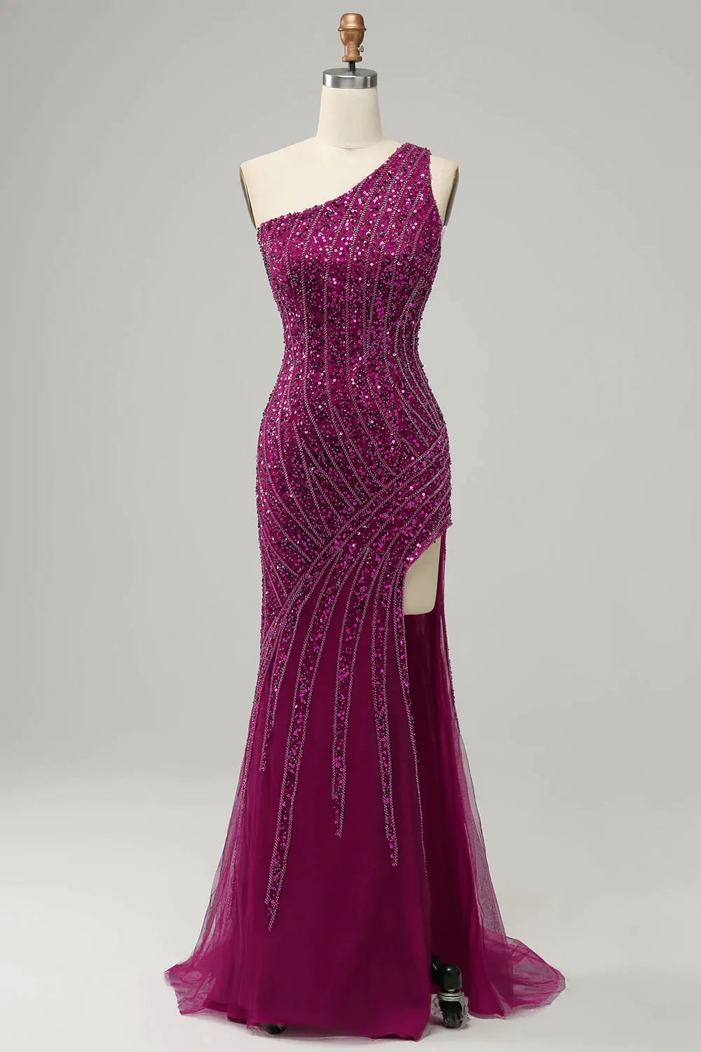 Sparkly One Shoulder Sequin Prom Dress with Slit