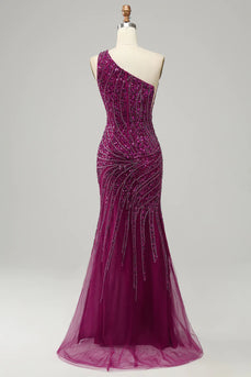Sparkly One Shoulder Sequin Prom Dress with Slit