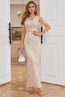 Load image into Gallery viewer, Women Light Khaki Prom Dress with Beading Sheath V-Neck Champagne Formal Dress