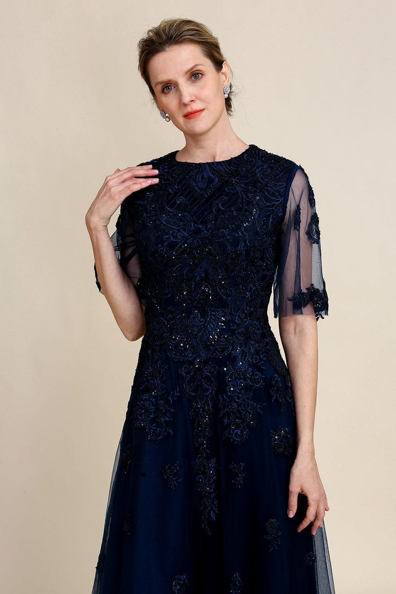 Load image into Gallery viewer, Sparkly Navy Beaded Mother of the Bride Dress with Lace