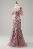 Load image into Gallery viewer, Grey Pink Mermaid Tulle Mother of the Bride Dress with Lace