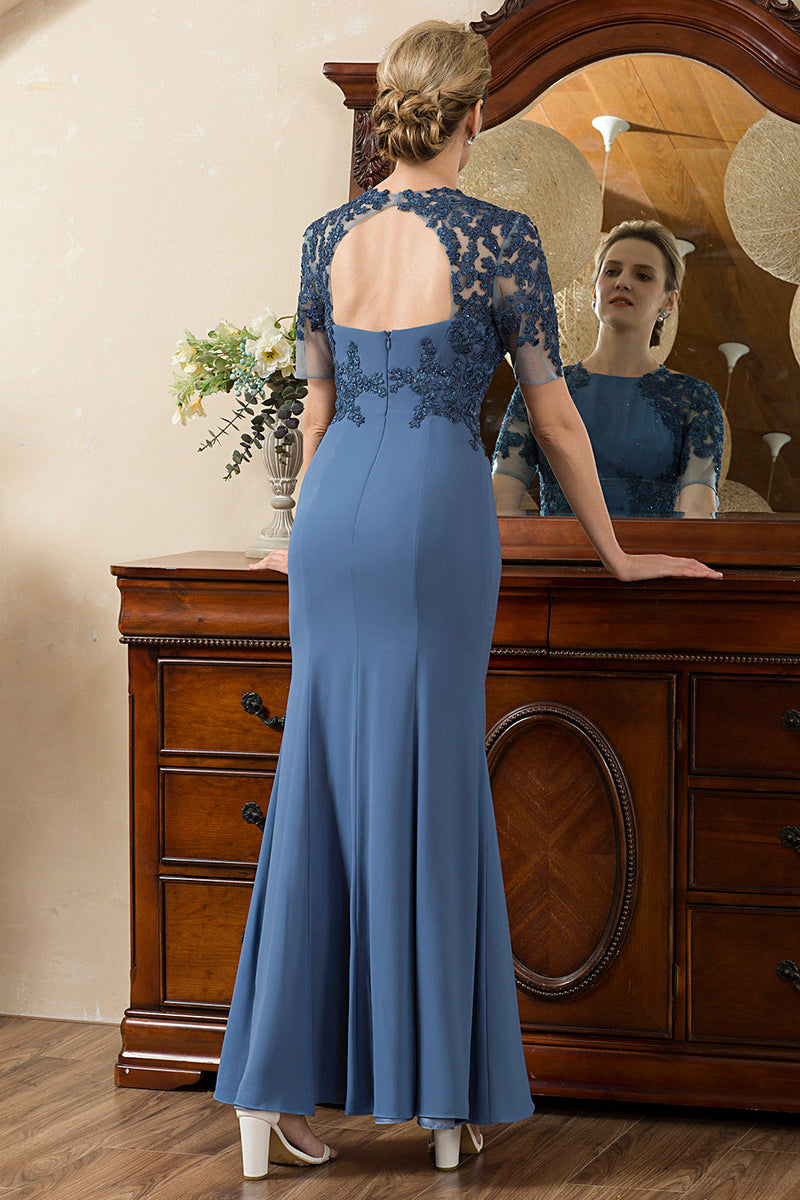 Load image into Gallery viewer, Blue Mermaid Open Back Mother of the Bride Dress with Slit
