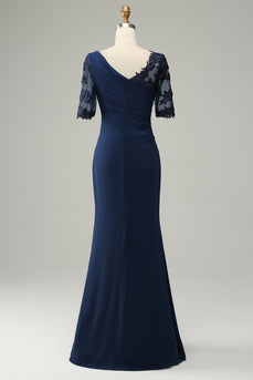 Navy Sheath Mother of Bride Dress with Appliques