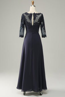 Asymmetrical Navy Mother of Bride Dress with Long Sleeves