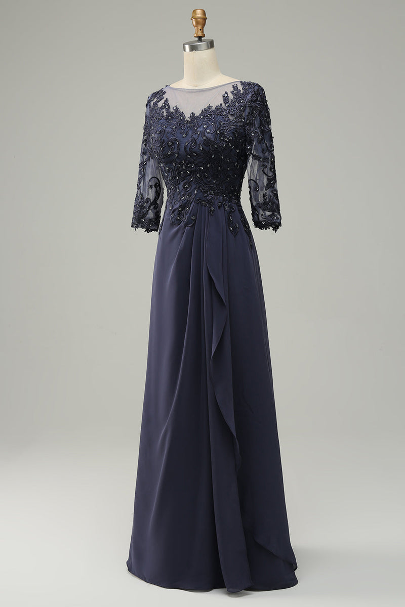 Load image into Gallery viewer, Long Sleeves Blue Mother of Bride Dress with Appliques