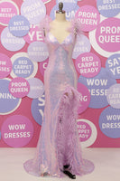 Load image into Gallery viewer, Mermaid V Neck Purple Sequins Long Prom Dress with Feather