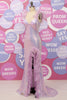 Load image into Gallery viewer, Mermaid V Neck Purple Sequins Long Prom Dress with Feather