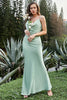 Load image into Gallery viewer, Sheath Spaghetti Straps Light Green Long Bridesmaid Dress with Bowknot