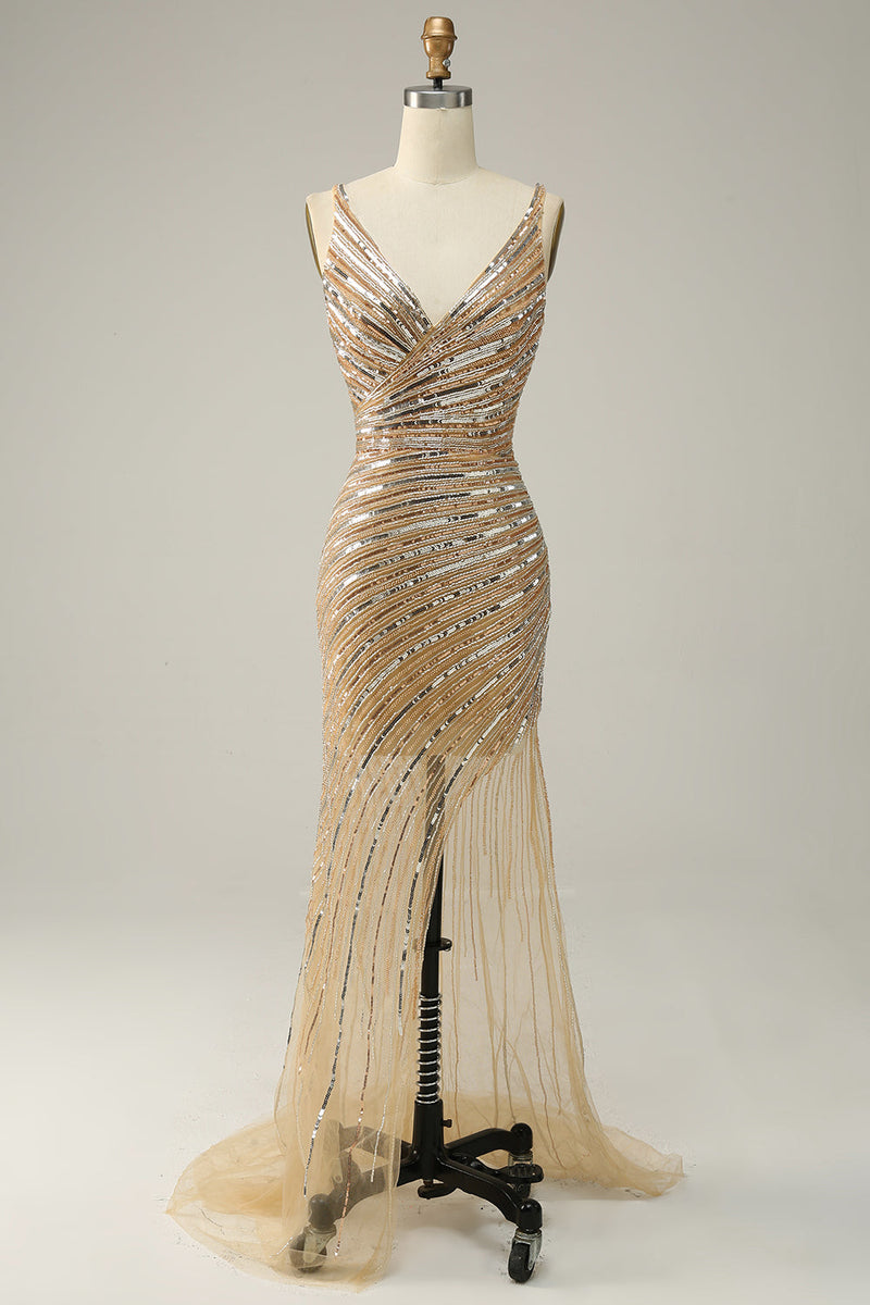 Load image into Gallery viewer, Sparkly Golden Backless Beaded Long Prom Dress with Slit