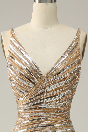 Sparkly Golden Backless Beaded Long Prom Dress with Slit