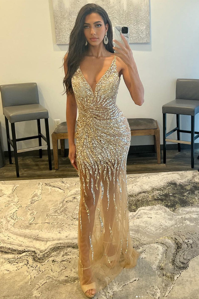 Load image into Gallery viewer, Golden Beaded Backless Long Prom Dress