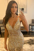 Load image into Gallery viewer, Golden Beaded Backless Long Prom Dress