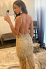 Load image into Gallery viewer, Golden Beaded Backless Long Prom Dress