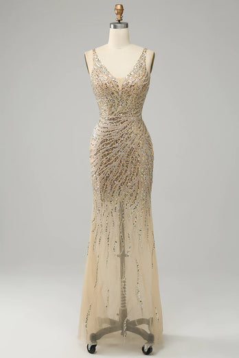 Queendancer Women Sparkly Golden Long Prom Dress with Beading