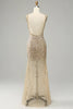 Load image into Gallery viewer, Golden Beaded Backless Long Prom Dress