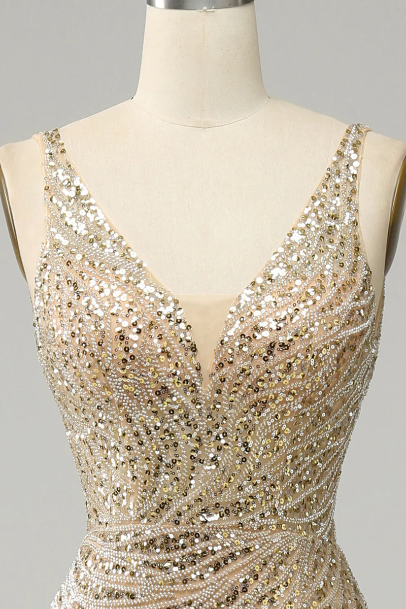 Load image into Gallery viewer, Golden Beaded Backless Long Prom Dress