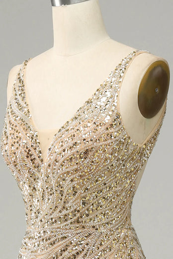 Golden Backless Sequin Prom Dress