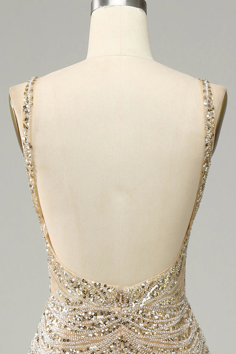 Load image into Gallery viewer, Golden Beaded Backless Long Prom Dress
