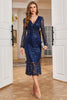 Load image into Gallery viewer, Navy Sparkly V-Neck Long Prom Dress with Long Sleeves
