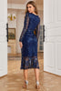 Load image into Gallery viewer, Navy Sparkly V-Neck Long Prom Dress with Long Sleeves