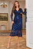Load image into Gallery viewer, Navy Sparkly V-Neck Long Prom Dress with Long Sleeves