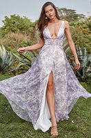 Load image into Gallery viewer, Deep V Neck Printed Iovry Purple Long Prom Dress with Slit