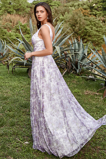 Deep V Neck Printed Iovry Purple Long Prom Dress with Slit