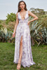 Load image into Gallery viewer, Deep V Neck Printed Iovry Purple Long Prom Dress with Slit