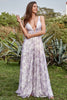 Load image into Gallery viewer, Deep V Neck Printed Iovry Purple Long Prom Dress with Slit