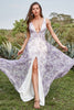 Load image into Gallery viewer, Deep V Neck Printed Iovry Purple Long Prom Dress with Slit