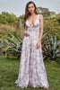 Load image into Gallery viewer, Deep V Neck Printed Iovry Purple Long Prom Dress with Slit