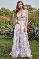 Load image into Gallery viewer, Deep V Neck Printed Iovry Purple Long Prom Dress with Slit