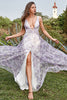 Load image into Gallery viewer, Deep V Neck Printed Iovry Purple Long Prom Dress with Slit