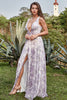 Load image into Gallery viewer, Deep V Neck Printed Iovry Purple Long Prom Dress with Slit