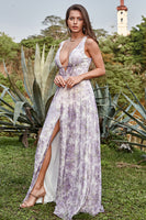 Load image into Gallery viewer, Deep V Neck Printed Iovry Purple Long Prom Dress with Slit