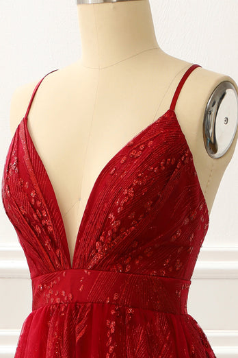 A-Line Spaghetti Straps Burgundy Princess Long Prom Dress