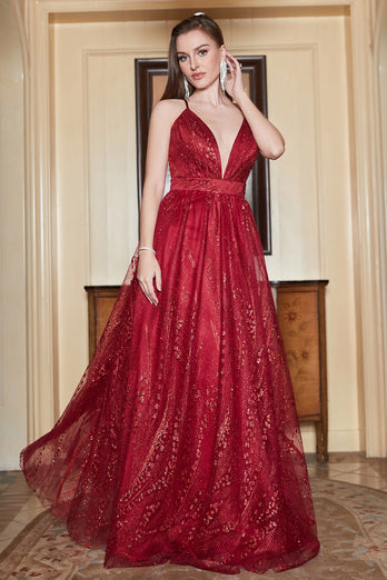 A-Line Burgundy Spaghetti Straps Long Prom Dress