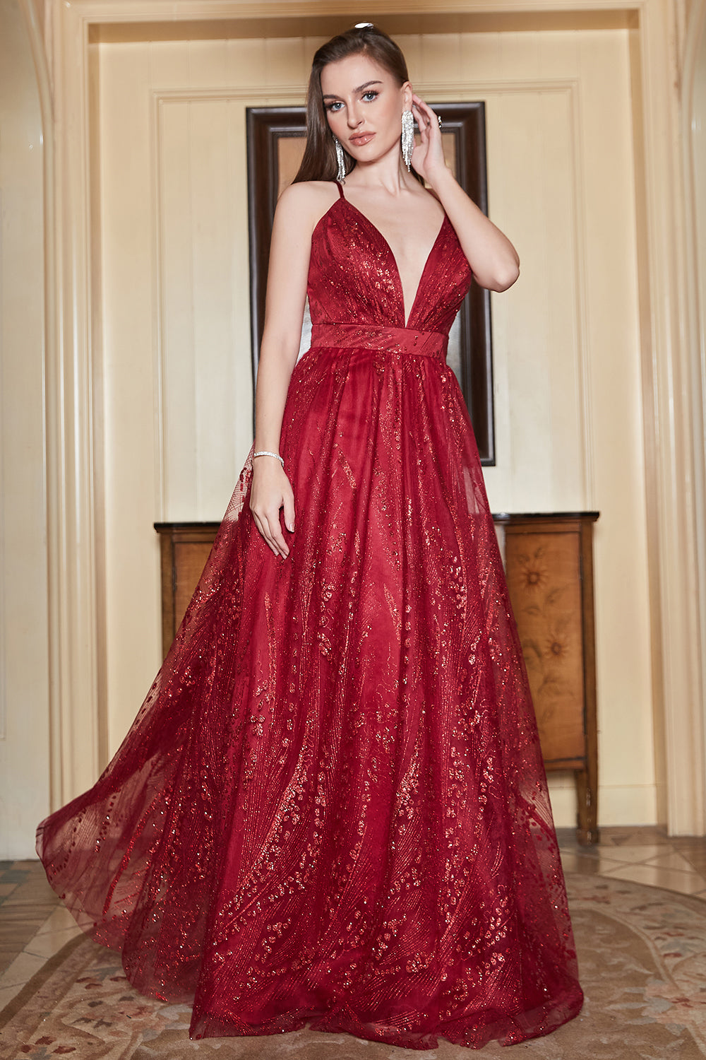 A-Line Burgundy Spaghetti Straps Long Prom Dress