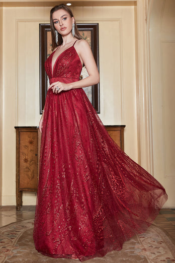 A-Line Burgundy Spaghetti Straps Long Prom Dress
