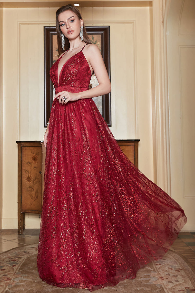 Load image into Gallery viewer, A-Line Burgundy Spaghetti Straps Long Prom Dress