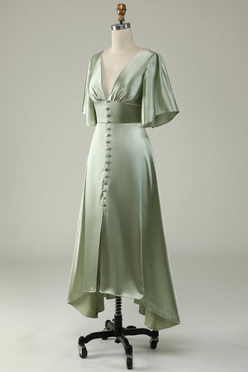 Satin Deep V-Neck Light Green Long Prom Dress with Button