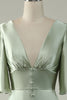 Load image into Gallery viewer, Satin Deep V-Neck Light Green Long Prom Dress with Button