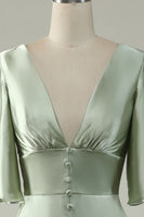 Load image into Gallery viewer, Satin Deep V-Neck Light Green Long Prom Dress with Button