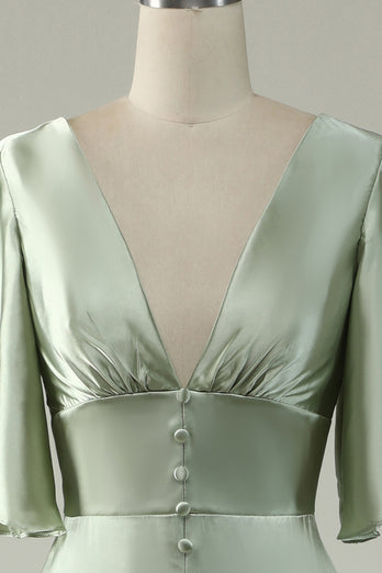 Satin Deep V-Neck Light Green Long Prom Dress with Button