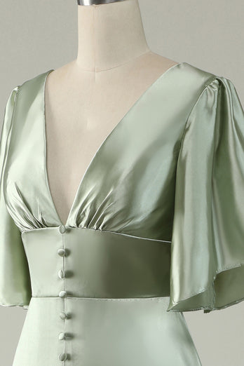 Satin Deep V-Neck Light Green Long Prom Dress with Button