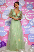 Load image into Gallery viewer, Tulle Deep V Neck Green Gorset Long Prom Dress with Embroidery