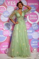 Load image into Gallery viewer, Tulle Deep V Neck Green Gorset Long Prom Dress with Embroidery