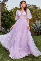 Load image into Gallery viewer, A-Line Tulle Lavender Princess Corset Prom Dress with Embroidery