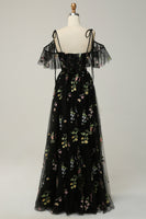 Load image into Gallery viewer, Floral Cold Shoulder Black Long Prom Dress with Embroidery